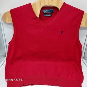 Polo Ralph Lauren Mens Red 100% Pima Cotton V-Neck Sweater Vest Size Medium